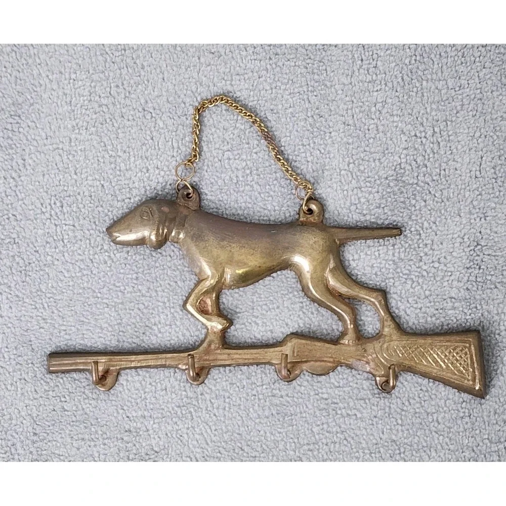 Vintage Solid Brass Dog Rifle Key Holder Vintage Hunting Collectible
